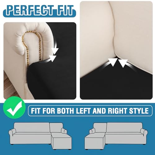 Image of Couch Cover 3-Piece Elastic Velvet Couch Cushion Covers & Chaise Slipcovers for L-Shaped Sofas, Sofa Seat Covers Washable, Soft Cover for Couches (2 Seater + Chaise, Black)