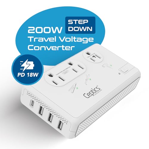 Image of Ceptics 220V to 110V Travel Voltage Converter for Hair Dryer, 2000W & 200W outlets for Dryers, Curling Iron, Straightener, Chargers, Step Down, 4 USB Ports (1x USB-C) with 6 SWadApt attachments