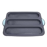 Mumusuki Silikon -Brot -Laibpfanne, Hitzebeständige, Perforierte Französische Brotpfanne mit Anti -Slip -Griffen Zum Backen von Hoagie -Brötchen, Hot Dog Buns (3 Hohlraum)