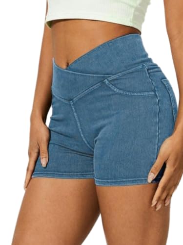 High Waisted Jeans Shorts for Women Stretchy Shorts Crossover Denim Summer Bermuda Pants with Pockets Summer