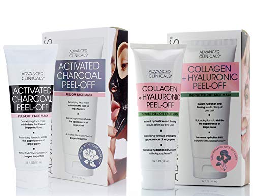 Advanced Clinicals Anti-Aging Peel Off Mask Set of 2 Charcoal Peel Off for Large Pores & Oily Skin w/Tea Tree Oil + Collagen & Hyaluronic Acid Peel off for Hydrating & Firming. Two 3.4oz Tubes