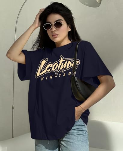 Image of LEOTUDE Women's Oversized Round Neck Half Sleeve Cotton Blend Graphic Printed T-Shirt | Top for Women & Girls (Color: Blue)