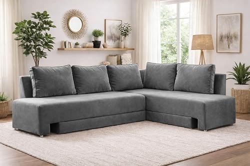 Image of Rosebell L-Shape 5 Seater Sofa Cum Bed, Sectional Couch with Cushions, Space Saving Corner Sofa, Modern Foldable Seating & Sleeping Solution for Living Room, Guest Room & Small Spaces - Grey Color