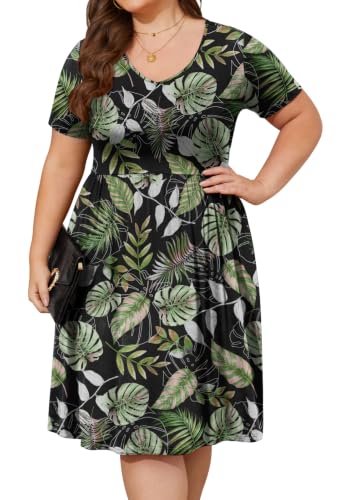 Image of DB MOON Women Plus Size Summer Dresses Casual V Neck Short Sleeve Knee Length Dress with Pockets