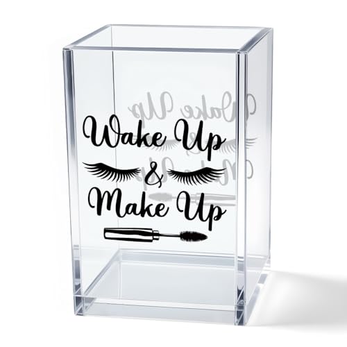 Image of Wake Up And Make Up Acrylic Makeup Brush Organizer Holder, Beauty Student Pen Holder Cup, Motivational Morning Gifts for Women Makeup Lover, Beauty Gifts for Her Beautician Sister Friend