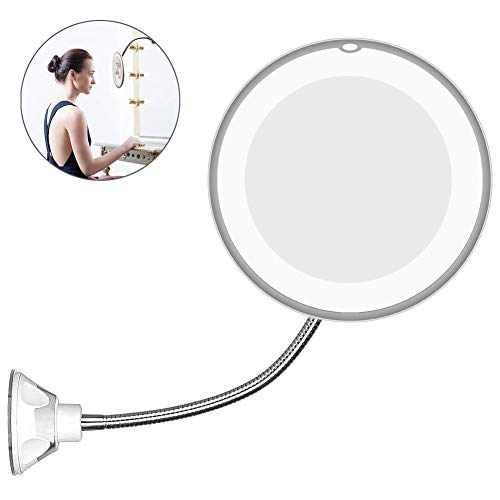 Flexible Gooseneck,Adjustable Gooseneck Suction Cup 6.8" 10x Magnifying Led Lighted Makeup Mirror 360 Degree Swive Vanity Mirror Bright Lights 10x Bathroom Magnification