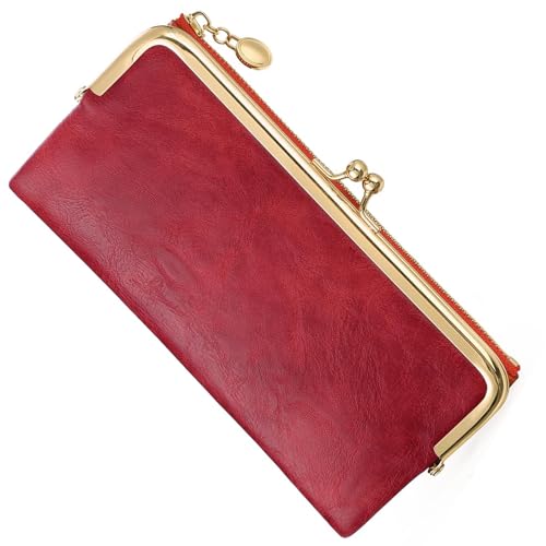 Image of Vintage Wallets for Women Large Bifold Kiss Lock Wallet for Women Leather Zip Clutch Coin Purse