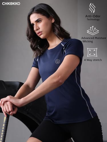 Image of CHKOKKO Women's Compression Gym T-Shirt for Running, Workout, Training, Sports & Activewear | Quick Dry Breathable Stretch Fabric | Body Fit Half Sleeve Athletic Sports Tee for Women