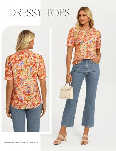 GRACE KARIN Women Boho Floral Tops, Summer Puff Short Sleeve Dressy Casual Shirts, 2026 Spring V Neck Vacation Work Blouse Orange M — view 4