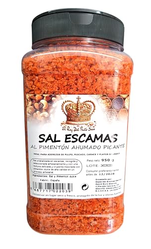 Sal en Escamas con Pimentón Ahumado Picante 950 g – Sal Gourmet Crujiente – Ideal para Carnes, Pescados, Pulpo y Cocina Mediterránea