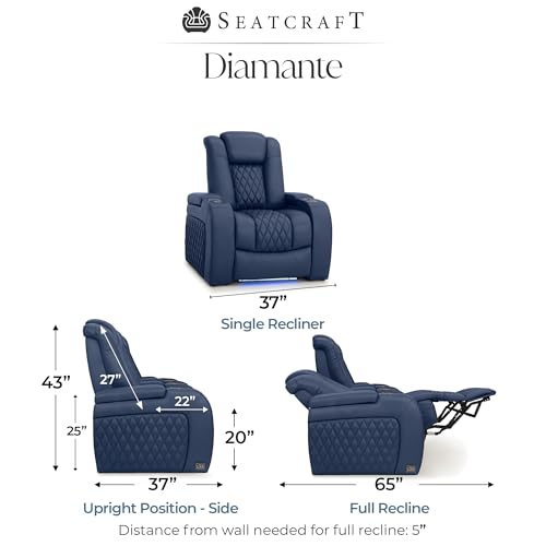 Image of Seatcraft Diamante Navy Blue Italian Leather Home Theater Seating, Zero Gravity Power Recliner, Gaming and Home Office Chair, Powered Headrest Furniture for Family Cinema Room, Single Recliner