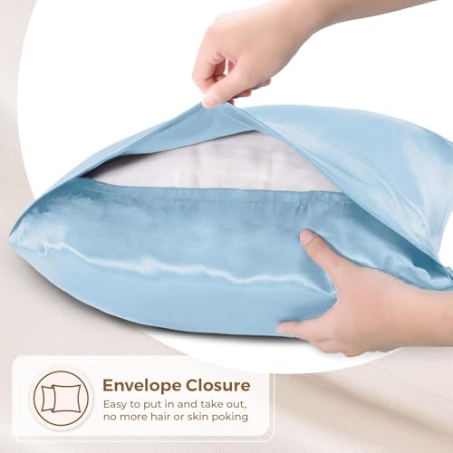 Image of Satin Pillow Covers Set of 2 with 3 Free Random Color Hair Scrunchies - Anti-Frizz, Skin-Friendly, Soft & Durable Pillowcase Set for All Hair Types (Aqua)