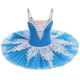 IBAKOM Swan Lake Dance Costume for Women Sleeveless Floral Lace Platter Tutu Ballet Leotard Pancake Skirt Ballerina Professional Dance Dress Slim Fit Gymnastics Leotard Ballet Tutu Royal Blue M