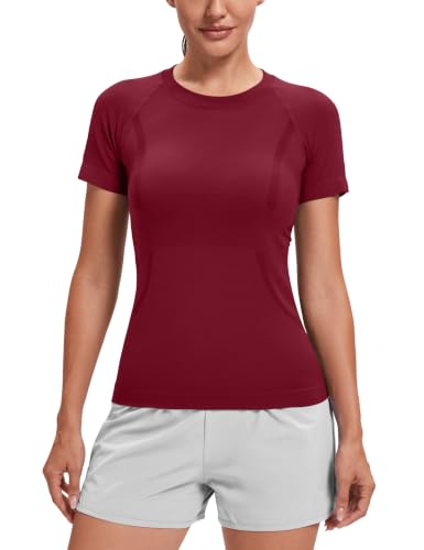 Image of MathCat Seamless Short Sleeve Workout Tops for Women | Breathable, Moisture-Wick, Soft, High Stretch, Chafe-Free, Waist Length, Slim Fit, Athletic T-Shirt
