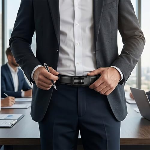 Image of JINIU Men's Ratchet Belt Buckle, Black Genuine Leather Slide Belt for Men Dress Suit, Micro Adjustable Trim to Fit Boxed