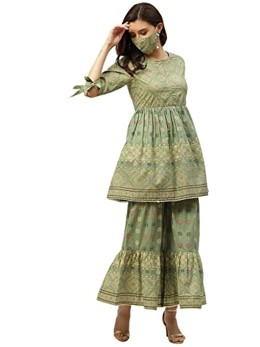 Image of Juniper Pistagreen Cambric Mexican Print Flared Tunic Sharara Set With Mask