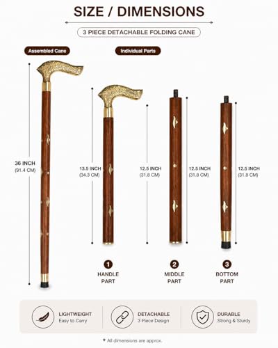 Image of ITOS365 Handmade Wooden Folding Walking Stick - 36 Inches | Handcrafted Walking Cane with Antique Brass Handle in Wooden Brown Finish | Walk Support Stick for Old Men & Women