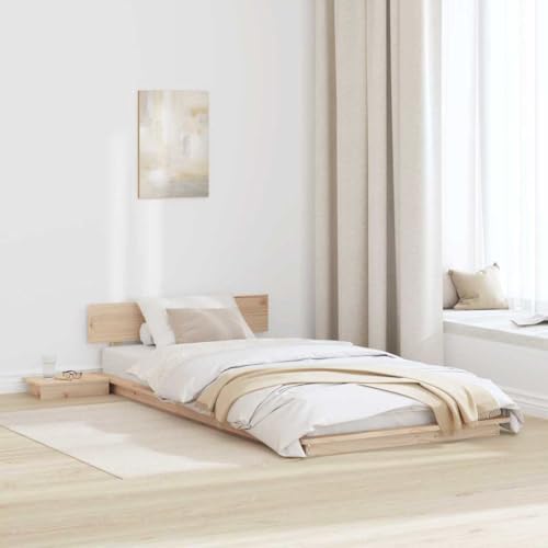 vidaXL Struttura Letto a Pavimento con Comodini Naturale 100X200Cm Legno Massello di Pino Design Integrato Soluzione di Stoccaggio Mobili per Camera da Letto per Adulti Piattaforma Interna Stile Zen