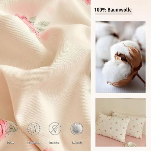 Freyamy Blumen Bettwäsche 155x220 Baumwolle Rosa Floral Herz Bettwäsche Set – Ansicht 5
