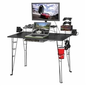 Atlantic Original Gaming Desk – Carbon-Fiber Laminated Desktop, Heavy-Duty Steel-Wire Legs, Elevated Monitor Platform, Tablet/Phone Stand, Speaker Stands, Video Game Gadget Rack, PN 33935701 – Black