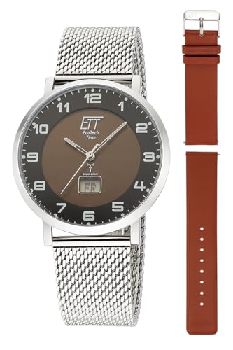 ETT Eco Tech Time Funk Solar Herren Uhr Analog mit digitalem Datum mit Edelstahl,Leder Armband EGS-11624-22MS