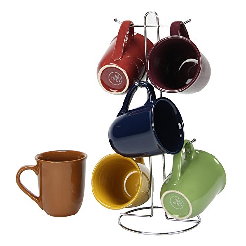 Coffee Cup Set by GIBSON Coffee Mug Set Stoneware Coffee Cups with Metal Rack Wire Holder Assorted Colors 7 pcs set, Cafe Amaretto