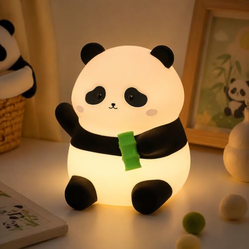 Image of Cute Panda Night Light for Kids, 50-Hour Battery Life Rechargeable Silicone Squishy Lamp, 2 Brightness Settings Tap Control Nursery Light for Baby Room Decor