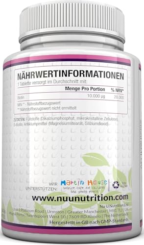 Foto von Biotin hochdosiert 10.000 mcg - 365 Vegane Tabletten - Für Haarwuchs, Haut & Nägel - Volle Jahresversorgung - Nahrungsergänzungsmittel von Nu U Nutrition