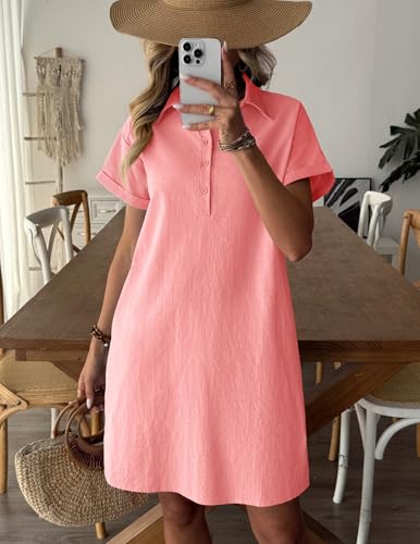 Image of Zeagoo Womens Cotton Shirt Dress Summer Casual Short Sleeve Button Down Beach Cover Up Shirts with Pockets