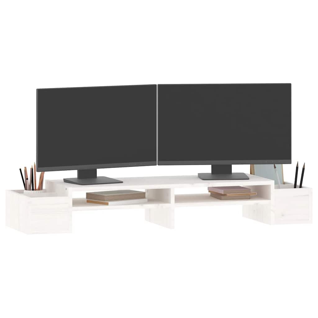 Supporto per monitor bianco in legno di pino massiccio, 100 x 27,5 x 15 cm, con 4 ripiani, supporto da tavolo per computer per monitor e notebook in casa
