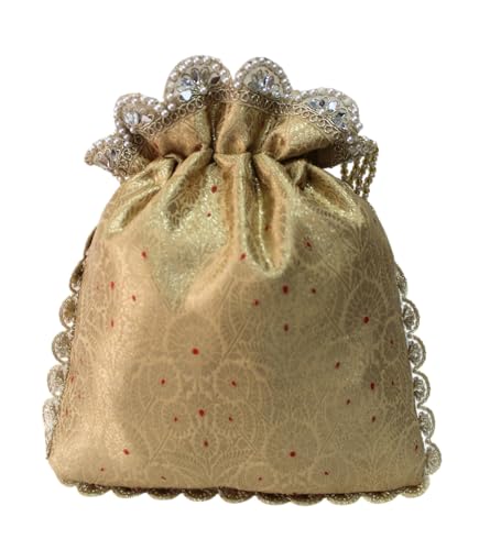 Image of MILAN'S CREATION Pure Banarasi Potli Silk Brocade Bag Purse Drawstring Women's handbag with Pearl Handle & Tassel Weddings