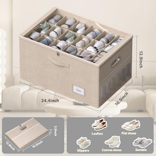 2 Pack Shoe Organizer for Closet Large Shoe Box Storage Containers with Clear Window Space Saving Shoe Bin with Foldable Bottom Support Adjustable Dividers Fits 36 Pairs (Beige, (24.4*16.5*13inch)x2) — view 2