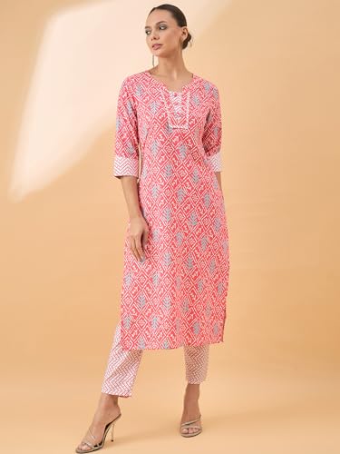 Image of Winza Designer Geometric Printed Red Cotton Kurta Sets for Woman | Kurtasets | Kurti with Pant Co Ord Set for Women | Kurtas Kurtis | Cordset | Coordset