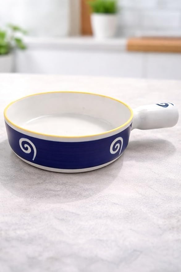 Image of Niyara Stoneware Handmade Ceramic Stylish Premium Serving Bowls /Salad Tray Microwave Dishwasher Safe (Blue Design Bowl with Handle)