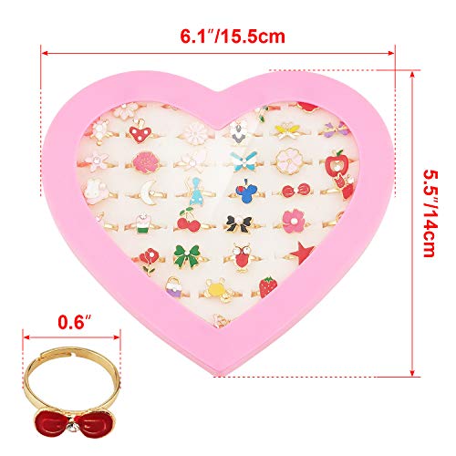 Sunmall 36 Pcs Little Girl Adjustable Rings In Box, No Duplication, Children Kids Jewelry Rings Set With Heart Shape Display Case, Girl Pretend Play And Dress Up Rings For Kids (A) #TOP3