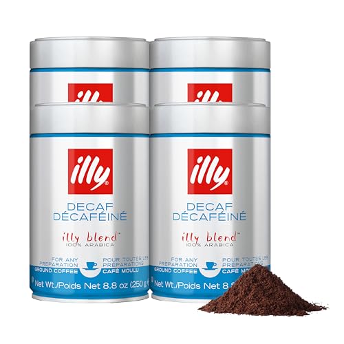 Illy Ground Espresso Coffee, Decaffeinated - Medium Roast - Mild & Balanced - 100% Arabica - Pre-Ground for Espresso - Pressurized Packaging Sealed for Freshness- 8.8oz (Pack of 4)