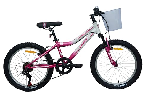 DEPORBIKES®️ Bicicleta 20 Pulgadas para niña 6-10 años | Bicicleta de 6 velocidades + Suspensión Delantera + Frenos V-Break | Bicicleta Infantil Segura para niñas aventureras (Rosa-Blanca)