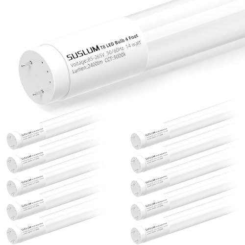 SUSLUM 10-Pack T8 LED Bulbs 4 Foot Type A+B Hybrid Replacement for F32T8 Fluorescent Tube 14W (32W Equivalent) 5000K Daylight 2400 Lumens Shatter Resistant Frosted Cover G13 Base