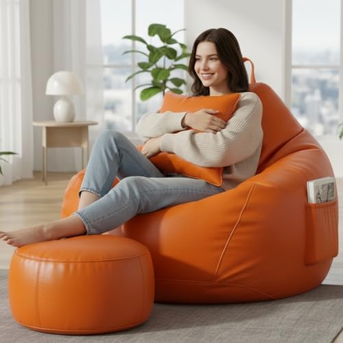 Image of KAM'S LIEU Leatherette Bean Bag Chair with Footrest | Filled with EPS Beans | Comfortable Sofa for Living Room & Bedroom | 4XL Size, Easy to Clean Color- (Orange)