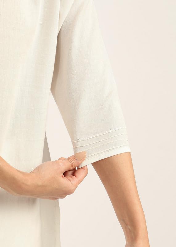 Image of BLOCKS OF INDIA Women's Solid Straight Kurta Set | Hand-Stitched Neck Details with Pintucks | Comfortable Pants with Pockets, Elastic Waist & Drawstring Fit