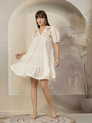Image of Stylum Women's Solid & Embroidered Rayon Flared Dress