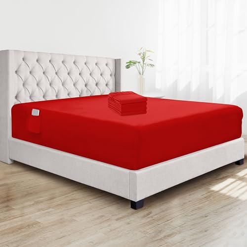 Elegant Comfort Super Soft Bulk 4-Pack Extra Deep Pocket 1500 Premium Hotel Quality Microfiber Fitted Sheet for High Mattress up to 21" inch with Double Sided Smart Pockets, California King, Red