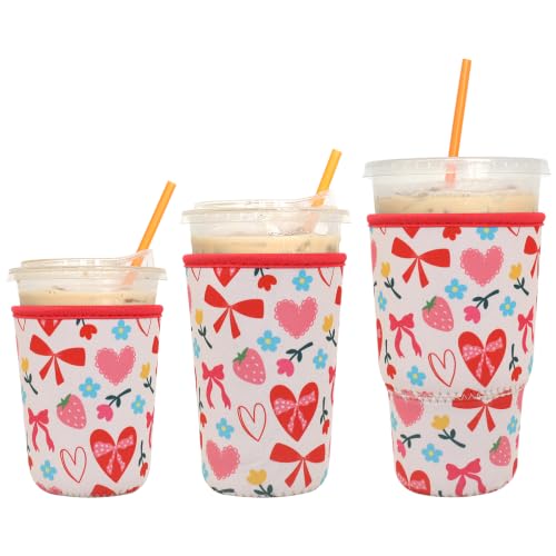 Image of 3 Pack Reusable Iced Coffee Sleeves - Xumbtvs Insulator Sleeve for Cold Beverages, Neoprene Coffee Cup Holder (Pink Hearts)