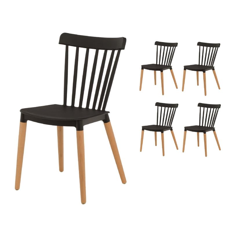 Kosmi Lot de 4 chaises Style scandinave à barreaux modèle Pop - Coque en résine Noire et Pieds en Bois Naturel