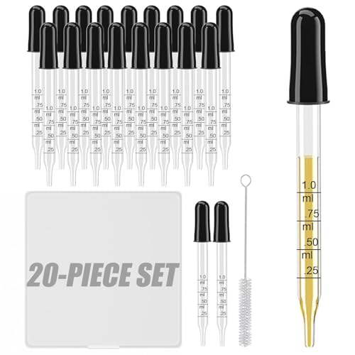 20Pcs Eye Droppers with Storage Case Glass Pipette Dropper with Cleaning Brush for Essential Oil Medicine Crafts Accurately 1ml Pipette for Mixing Paints Lab Use Animal Feeding Ear&Eye Drops