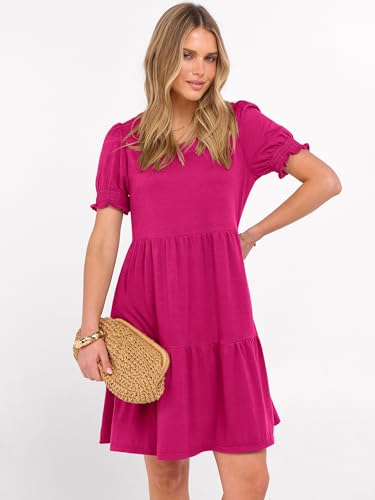 Image of ANRABESS Women Summer Square Neck Puff Short Sleeve Mini Dress 2026 Casual Flowy Sundress Beach Vacation Clothes with Pockets