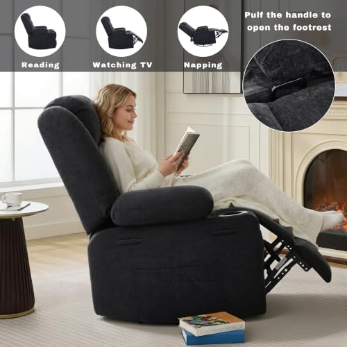 Image of Swivel Rocker Recliner Chair, Manual Recliner Single Sofa with Cup Holders, Chenille Fabric, Modern Nursery Rocking Chair with Side Pocket for Living Room, Apartment, Black