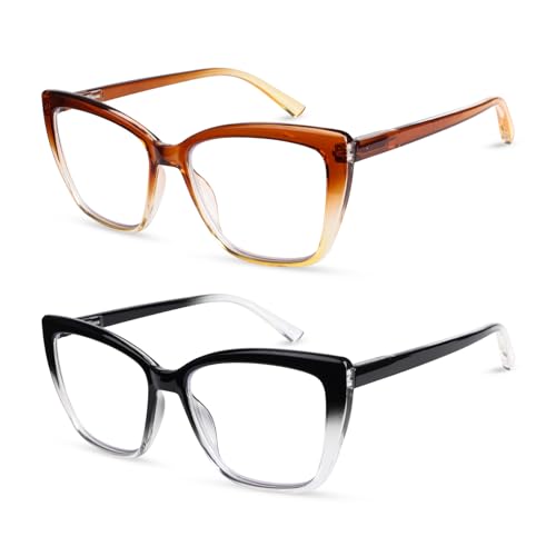 Image of Henotin Reading Glasses for Women, 2 pack Fashion Oversized Blue Light Readers for Women, Spring Hinge Cat Eye Glasses