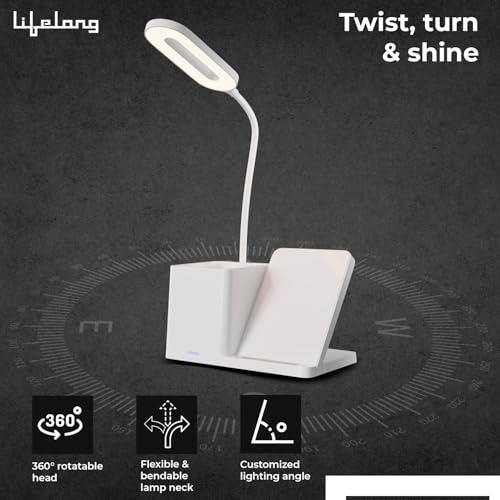Image of Lifelong LED Desk Lamp with Wireless Charging & Pen Holder | 3 Adjustable Brightness Mode, Eye-Caring Touch Control Table Lamp | 360 Flexible Gooseneck Desk Organizer for Study, Office, Bedroom & Home
