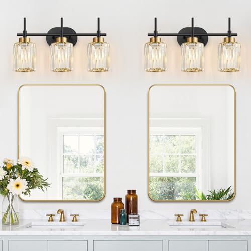 Image of Modern Crystal Bathroom Vanity Light, 3-Light Black & Gold Vanity Lighting Fixture with Clear K9 Crystal Shades, Adjustable Up /Down Installation, E26 Base (Bulbs Not Included)